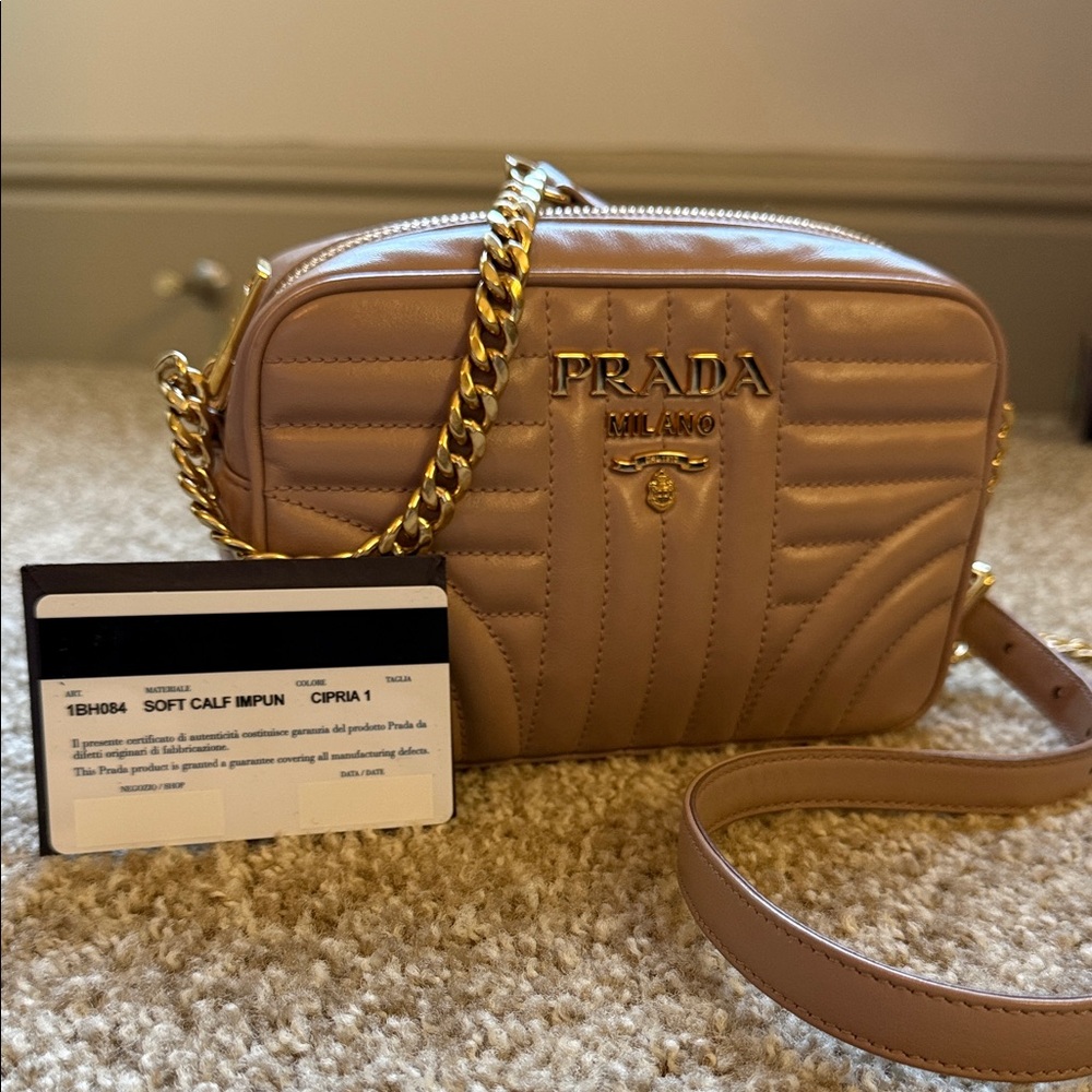 Prada Women's Beige Leather Crossbody Bag with Gold Chain